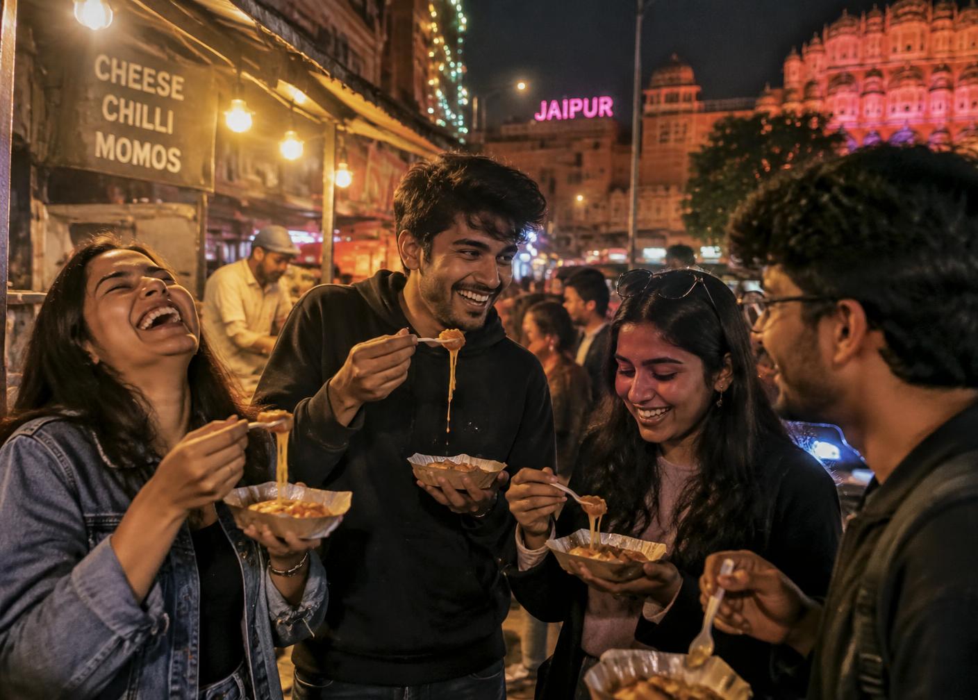 Young friends eating street food together at night in Jaipur