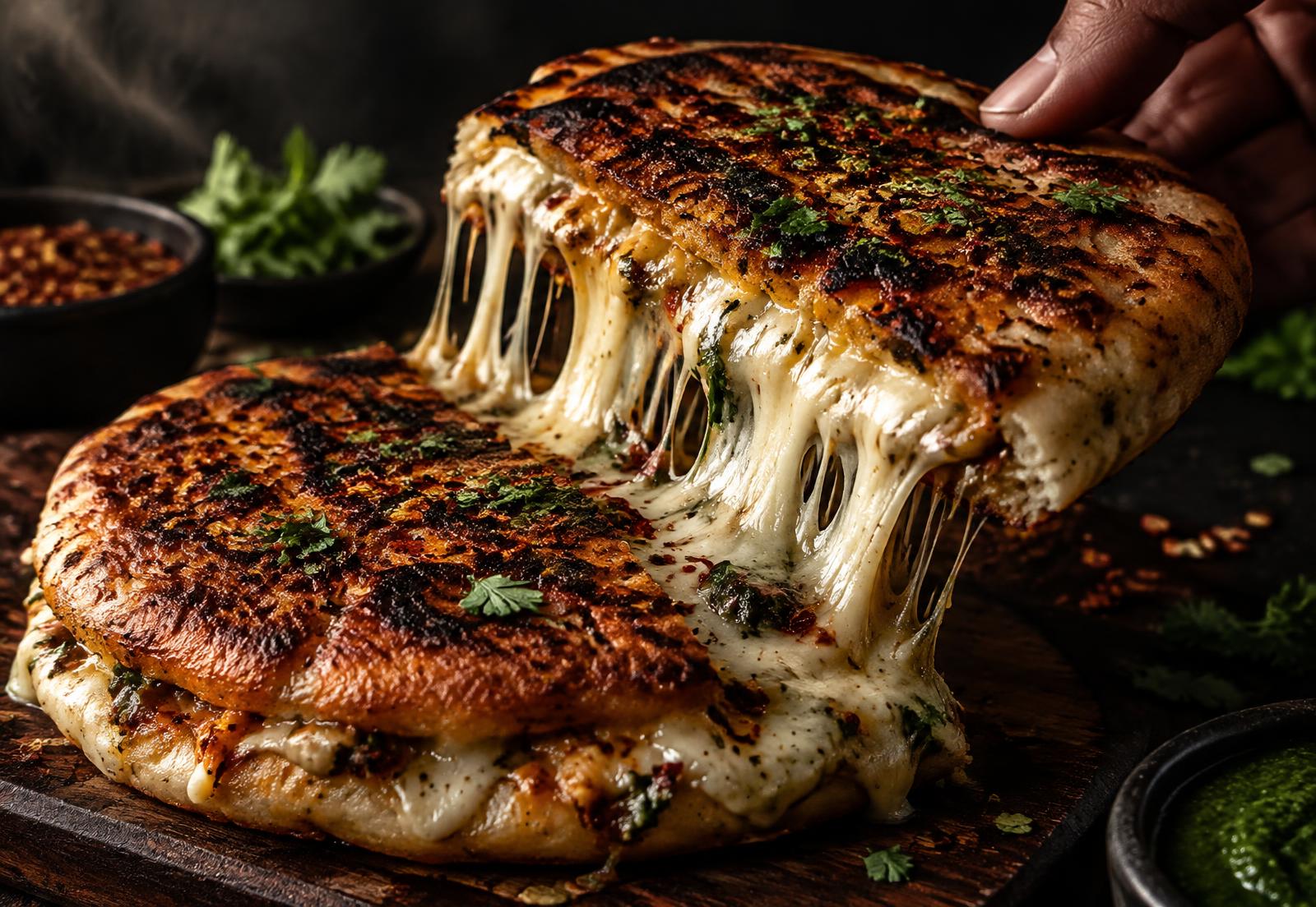 Molten seared Kalari pulling apart between griddled kulcha
